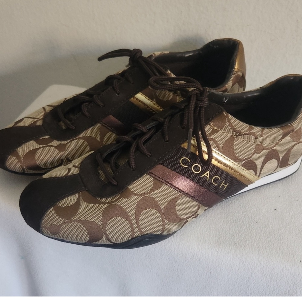 Coach Tan and Gold Lace-Up Sneakers